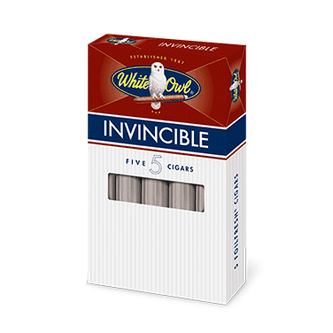 Machine-made White Owl Invincible Cigars in a white wrapper, featuring the White Owl brand logo on the packaging.