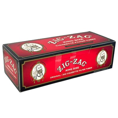 Red Zig Zag Full Flavor cigarette tubes for rolling tobacco, part of Zig Zag RYO supplies, shown in a close-up image.