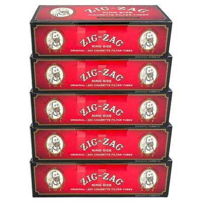 Red Zig Zag full flavor cigarette tubes in a 5-pack, designed for rolling your own cigarettes with Zig Zag RYO supplies.