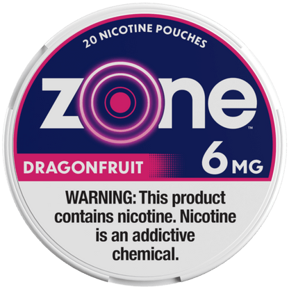 Smokeless Zone Nicotine Pouches in Dragon Fruit flavor, 6mg, front view showing bright packaging and pouch details.