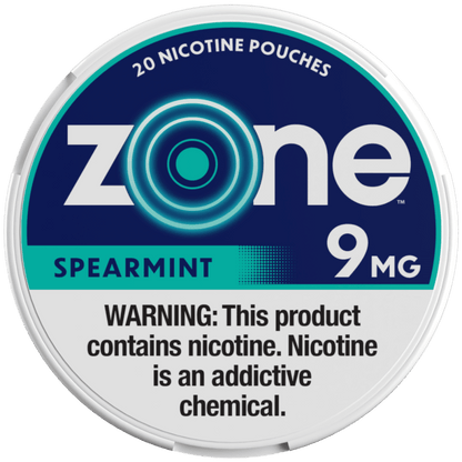 Zone Nicotine Pouches Spearmint flavor in smokeless form, showing the sleek pouch design with spearmint scent and 9mg nicotine.