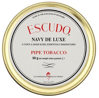 Lane Limited Escudo Navy De Luxe pipe tobacco in a resealable pouch with a navy blue label and branding details.
