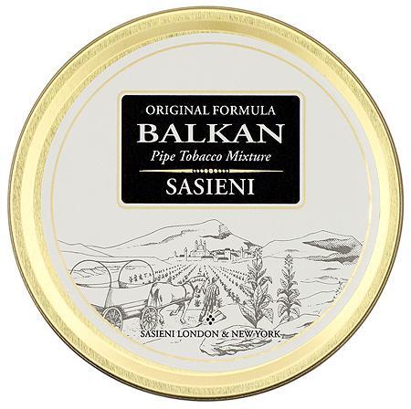 Balkan Sasieni Pipe Tobacco by Lane Limited displayed in a tin with tobacco leaves and a pipe in the background.