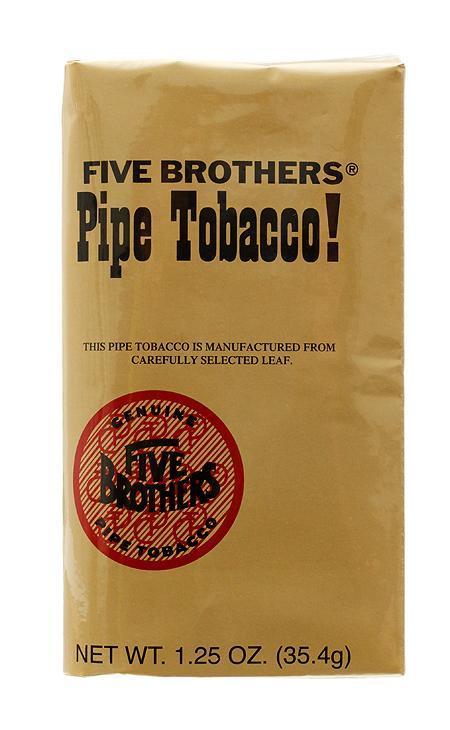 Image of Five Brothers Pipe Tobacco in a pouch, showcasing the brand's classic packaging and tobacco inside.