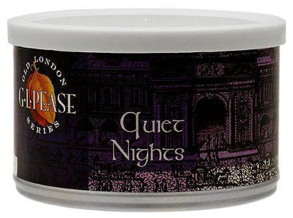 G.L. Pease Quiet Nights premium pipe tobacco in a tin, showing the rich, dark tobacco blend with a smooth, aromatic appearance.