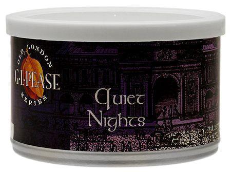 G.L. Pease Quiet Nights premium pipe tobacco in a tin, showing the rich, dark tobacco blend with a smooth, aromatic appearance.