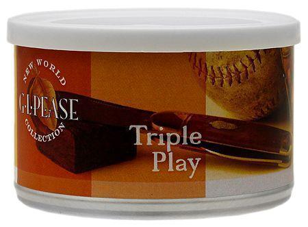 G.L. Pease Triple Play premium pipe tobacco in a resealable bag with colorful packaging and tobacco blends visible inside.