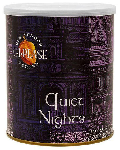 G.L. Pease Quiet Nights premium pipe tobacco in a resealable pouch with loose tobacco visible.