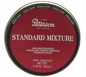 Peterson Standard Mixture Pipe Tobacco in a tobacco pouch, showcasing the brand's traditional blend for pipe smoking enthusiasts.