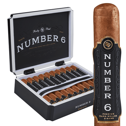 Premium Rocky Patel Number 6 cigar with dark wrapper and detailed band, showcasing a luxurious smoking experience.