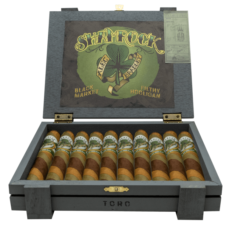 Alec Bradley Black Market Shamrock premium cigar displayed with its dark wrapper and band, showcasing the Alec Bradley brand.