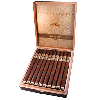 Alec Bradley Tempus Creo premium cigar box with multiple cigars displayed, showcasing the luxury packaging and cigar details.