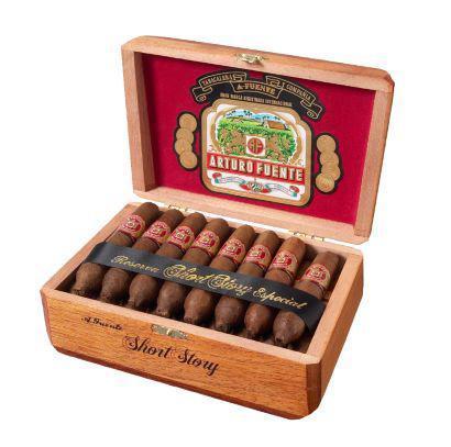 Arturo Fuente Hemingway Premium Cigar box with several cigars inside, showcasing the packaging and cigar details.