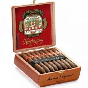 Arturo Fuente Hemingway premium cigar with signature band, displayed in close-up with rich tobacco leaf visible.