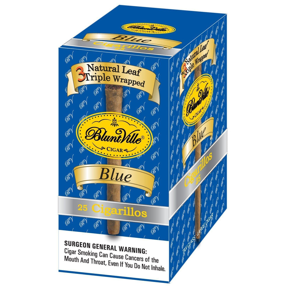 Bluntville Blue triple wrapped machine-made cigars in a box, featuring blue packaging and branded labels.