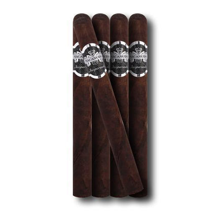 Pack of five Macanudo Inspirado Black Churchill premium cigars with dark wrappers, showcasing the elegant cigar presentation.
