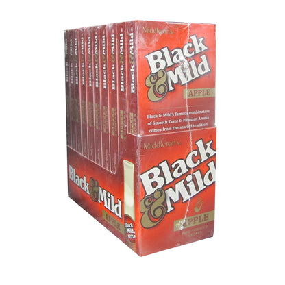 Machine-made Black & Mild Apple cigars in a pack, featuring black and green packaging with the Black & Mild branding.
