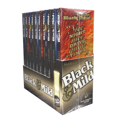 Black & Mild Regular Cigars in a pack, machine-made with dark brown wrappers and branded labels visible on the cigars.