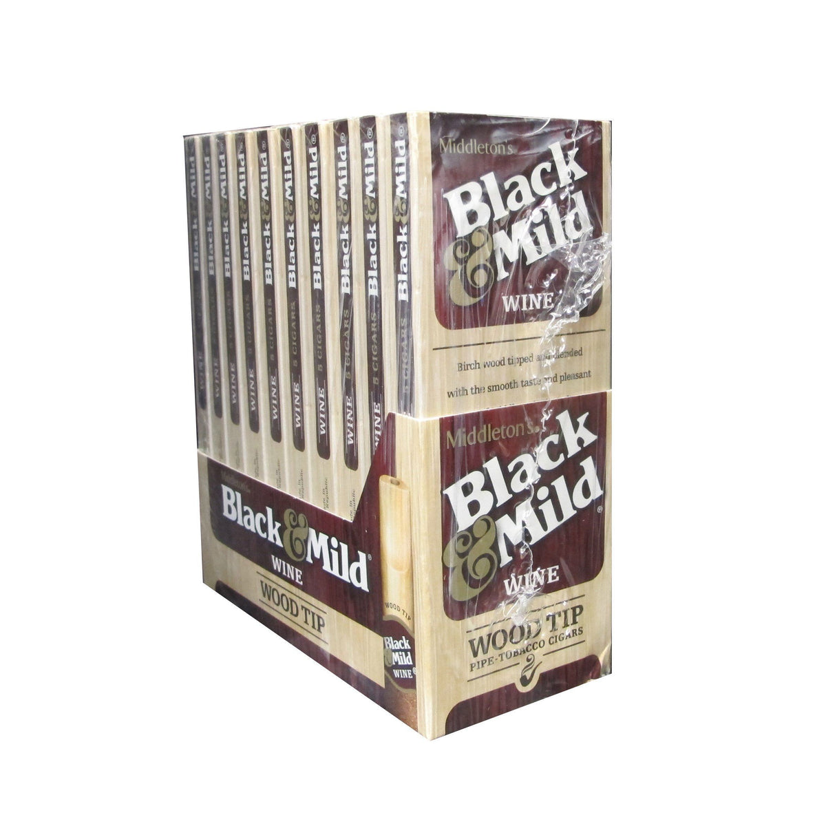 Black & Mild Wine Wood Tip Cigars, machine-made with a dark wrapper and a distinctive wine wood tip, displayed on the packaging.