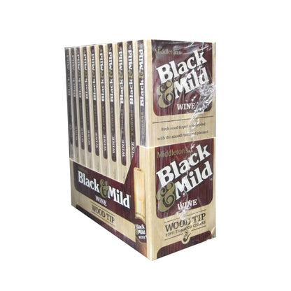 Black & Mild Wine Wood Tip Cigars, machine-made with a dark wrapper and a distinctive wine wood tip, displayed on the packaging.