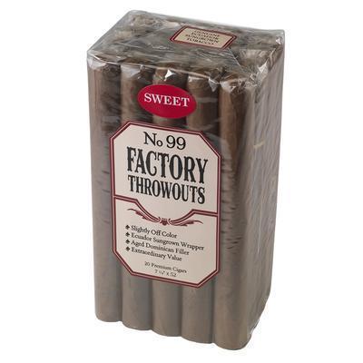 Factory Throwouts No. 99 premium cigars in a open box, showcasing dark brown wrappers and neatly rolled cigars.