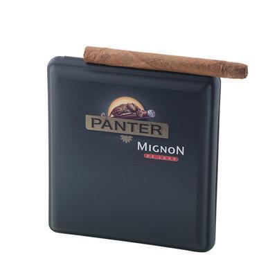 Close-up of Panter Mignon Deluxe Premium Cigars with dark brown wrapper and detailed packaging.