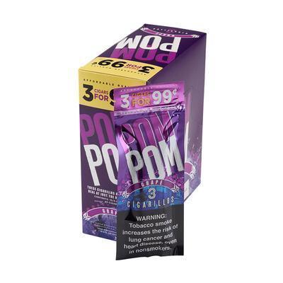Swisher Sweets Pom Pom Grape cigarillos, machine-made, packed in a 45-count box, featuring purple grape flavor and colorful packaging.