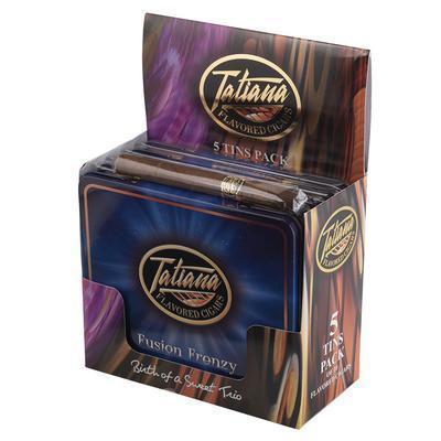 Tatiana Petite Fusion Frenzy premium cigars displayed in a box, featuring rich brown tobacco leaves and a smooth, cylindrical shape.