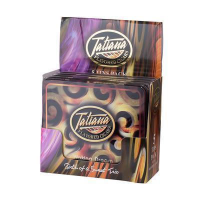 Tatiana Petite Waking Dream Premium Cigars pack with partially opened cigar showing rich tobacco leaves and elegant packaging.