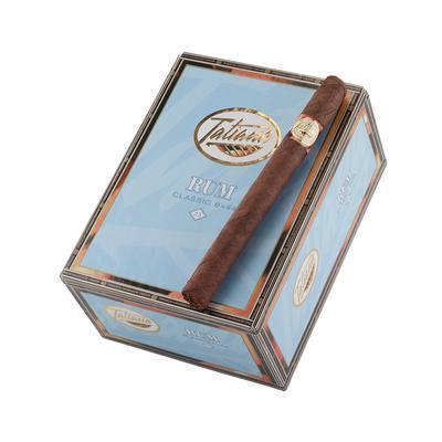Tatiana Classic Rum-Flavored Premium Cigars displayed in open packaging, showcasing the rich, dark tobacco wrappers and cigar tips.
