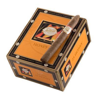 Tatiana Classic Honey Flavored Premium Cigars displayed in a box with several cigars arranged neatly.