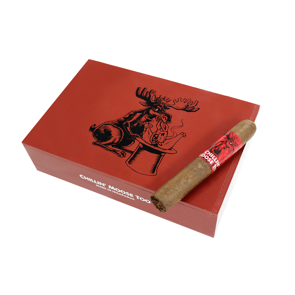 Chillin Moose Too Premium Cigars in a box with a moose logo and open cigar pack, showcasing the premium cigar packaging.