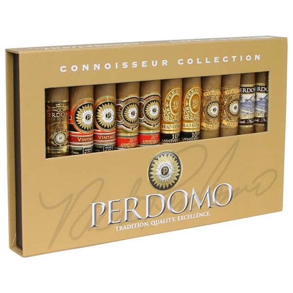 Assorted Perdomo Connoisseur Collection Epicure Connecticut premium cigars in a sampler pack, featuring smooth Connecticut wrapper cigars.