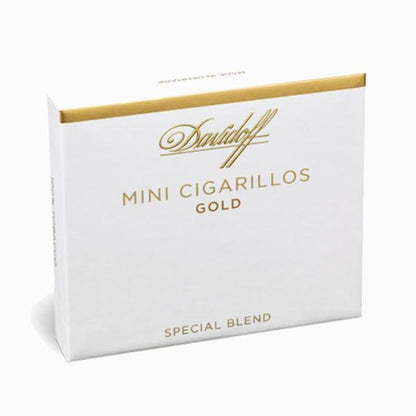 Davidoff small premium cigars with gold packaging, featuring tightly rolled tobacco cigars in a close-up shot.