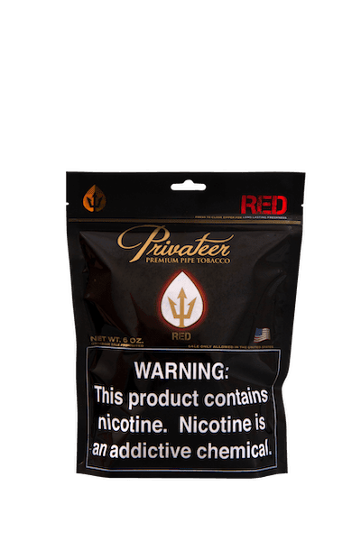 Privateer Full Flavor Pipe Tobacco in a 6oz red package, featuring rich, full-bodied tobacco for pipe smoking.