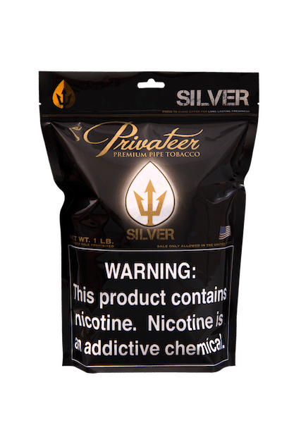 Privateer Silver Pipe Tobacco in 1lb bag, premium pipe tobacco with silver blend packaging, ideal for pipe smokers.