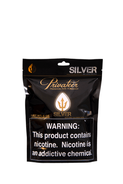Privateer Silver Pipe Tobacco in 6oz bag, showing the packaging of the Privateer brand's pipe tobacco product.