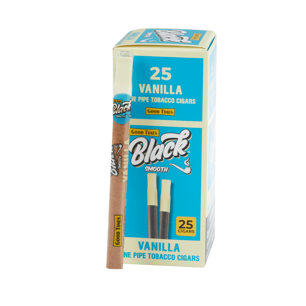 Machine-made Good Times Black Smooth Vanilla Cigars in packaging with the brand logo visible.