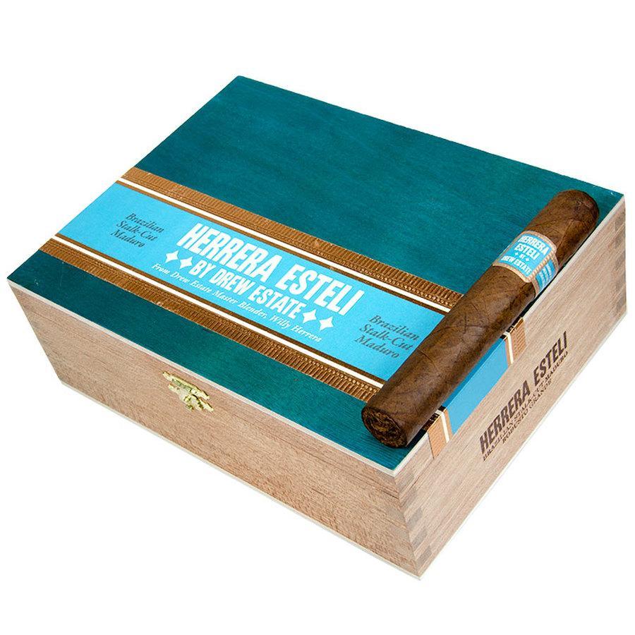 Herrera Esteli Brazilian Maduro premium cigar displayed in a box, showing dark, oily wrapper and cigar bands with branding.