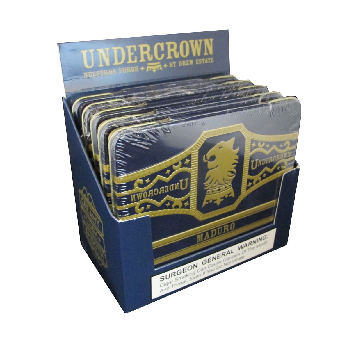 Undercrown Maduro cigars in a metal tin, premium cigar brand with dark Maduro wrapper, displayed in an open tin container.