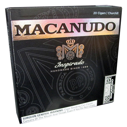 Box of Macanudo Inspirado Black Churchill premium cigars with open lid showing the cigars inside.