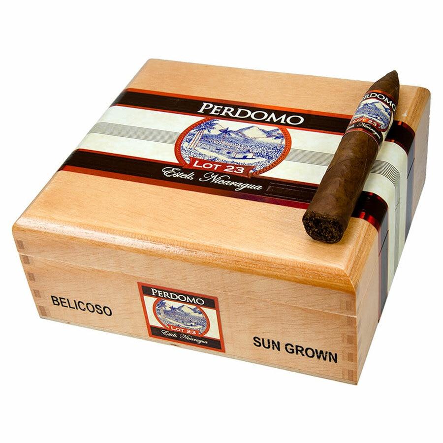 Perdomo Lot 23 Sun Grown premium cigars, showcasing a box of well-crafted cigars with dark brown wrappers and detailed labels.