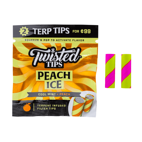 Twisted Tips Peach Ice filter tips for smoking, featuring peach and ice design, made by Twisted Tips, shown in the image.