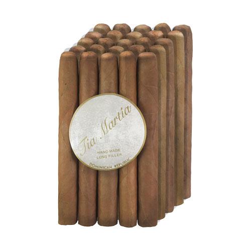 Tia Martia Churchill premium cigars, featuring a close-up of the cigar with a dark wrapper and detailed band, on a wooden surface.