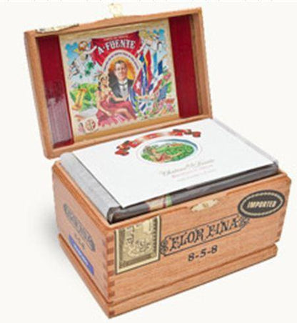 Arturo Fuente Flor Fina 8-5-8 premium cigar box with neatly arranged cigars displaying the brand logo and packaging details.