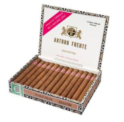 Arturo Fuente Curly Head premium cigar with a dark brown wrapper and cylindrical shape, displayed on a wooden surface.