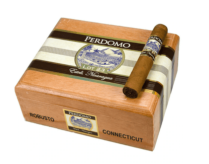 Close-up of a Perdomo Lot 23 Connecticut premium cigar with a light-colored Connecticut wrapper and detailed band.