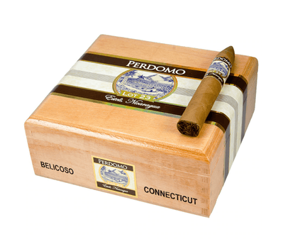 Perdomo Lot 23 Connecticut premium cigar with light-colored wrapper and detailed band, showcasing high-quality craftsmanship.