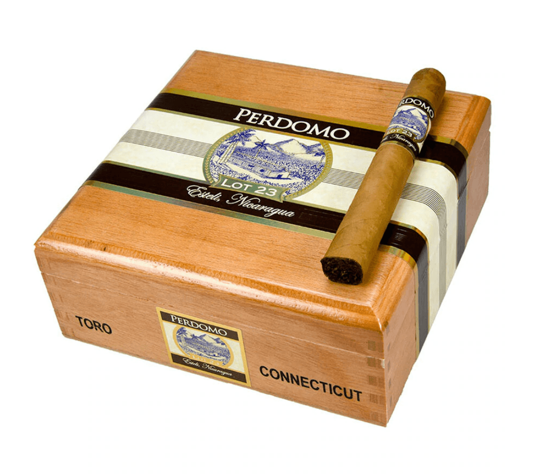 Perdomo Lot 23 Connecticut premium cigar displayed with a brown cigar wrapper and band, showcasing high-quality craftsmanship.
