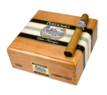 Perdomo Lot 23 Connecticut premium cigar displayed with a brown cigar wrapper and band, showcasing high-quality craftsmanship.